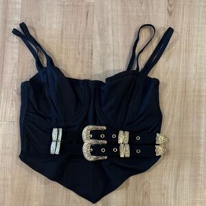 Pebby Black Crop Top with Belt Accents